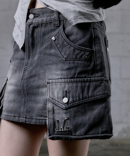 A´GEM/9 × .kom 『MUCENT/ムセント』 DELVE BACK LEATHER CARGO DENIM SKIRT/バックレジャーカーゴデニム スカート