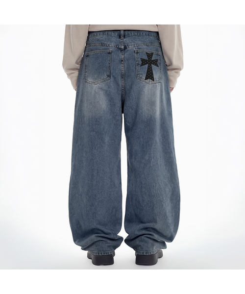 GRAVER（グレーバー）の「[ユニセックス][ユニセックス]ドットクロス刺繍ワイドカーブジーンズ_3カラー（デニムパンツ・レディース・ライトブルー/ブラック/ダークブルー・MEDIUM/LARGE）」の3枚目の写真