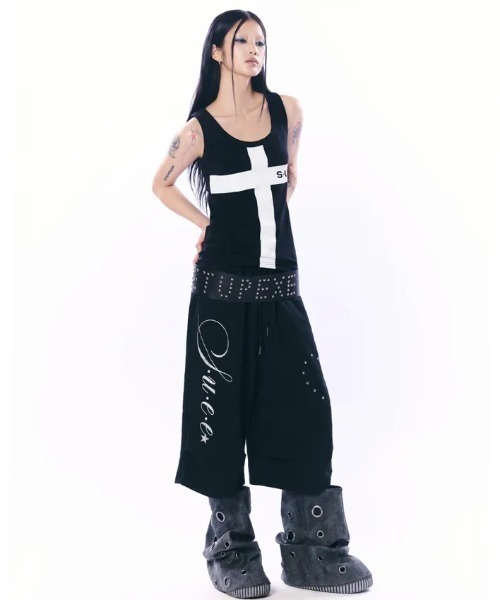 Ada.(エイダ)の「◇SETUPEXE◇ブランド直輸入正規品/ハート スタッド ロゴ バミューダ パンツ HEART STUD LOGO BERMUDA PANTS(その他パンツ・レディース・ホワイト/ブラック・FREE)」の7枚目の写真