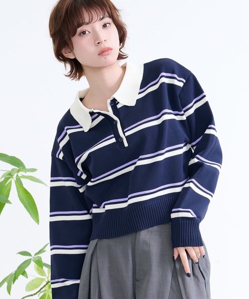 DAESE TOKYO(デセトウキョウ)の「『DAESE TOKYO/デセトウキョウ』ボーダーポロトップス(Tシャツ/カットソー・レディース・アイボリー/ネイビー/グレー・FREE)」の1枚目の写真