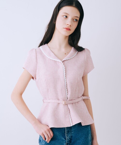 selfist ツイードベルト付半袖ペプラムブラウス ツイードベルト付半袖ペプラムブラウス 夏服 半袖 フェミニン きれいめ