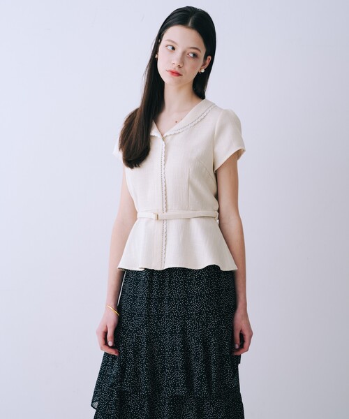 SELFIST(セルフィスト)の「ツイードベルト付半袖ペプラムブラウス 夏服 半袖 フェミニン きれいめ 大人 レース(シャツ/ブラウス・レディース・ブラック/アイボリー/ピンク・38/36)」の5枚目の写真