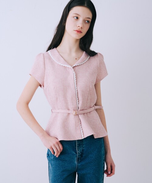 SELFIST(セルフィスト)の「ツイードベルト付半袖ペプラムブラウス 夏服 半袖 フェミニン きれいめ 大人 レース(シャツ/ブラウス・レディース・ブラック/アイボリー/ピンク・38/36)」の15枚目の写真