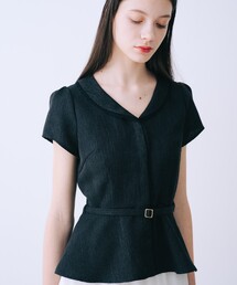 SELFIST | ツイードベルト付半袖ペプラムブラウス 夏服 半袖 フェミニン きれいめ 大人 レース(シャツ/ブラウス)