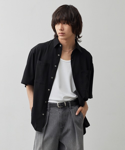 CALLNE(カルネ)の「【CALLNE】Tech Jacquard Half-Sleeve Box Shirt / テックジャガード半袖ボックスシャツ(吸水速乾、抗菌防臭)(シャツ/ブラウス・メンズ・ブラック・L/M)」の1枚目の写真