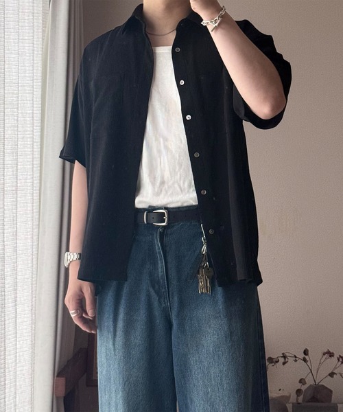 CALLNE(カルネ)の「【CALLNE】Tech Jacquard Half-Sleeve Box Shirt / テックジャガード半袖ボックスシャツ(吸水速乾、抗菌防臭)(シャツ/ブラウス・メンズ・ブラック・L/M)」の7枚目の写真