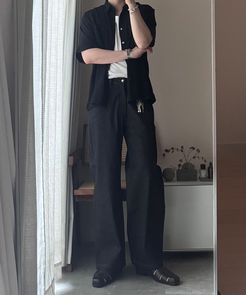 CALLNE(カルネ)の「【CALLNE】Tech Jacquard Half-Sleeve Box Shirt / テックジャガード半袖ボックスシャツ(吸水速乾、抗菌防臭)(シャツ/ブラウス・メンズ・ブラック・L/M)」の9枚目の写真
