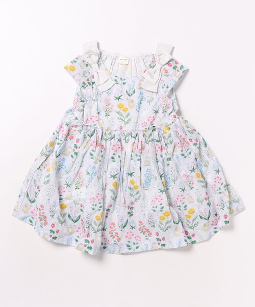 petit main(プティマイン)の「肩リボンフラワーキャットワンピース(シャツワンピース・キッズ・ラベンダー/オフホワイト・90cm/120cm/80cm/110cm/100cm/130cm)」の2枚目の写真