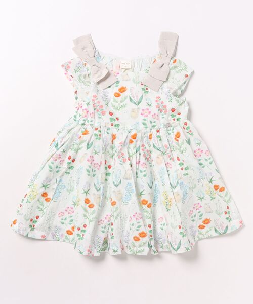 petit main(プティマイン)の「肩リボンフラワーキャットワンピース(シャツワンピース・キッズ・ラベンダー/オフホワイト・90cm/120cm/80cm/110cm/100cm/130cm)」の1枚目の写真