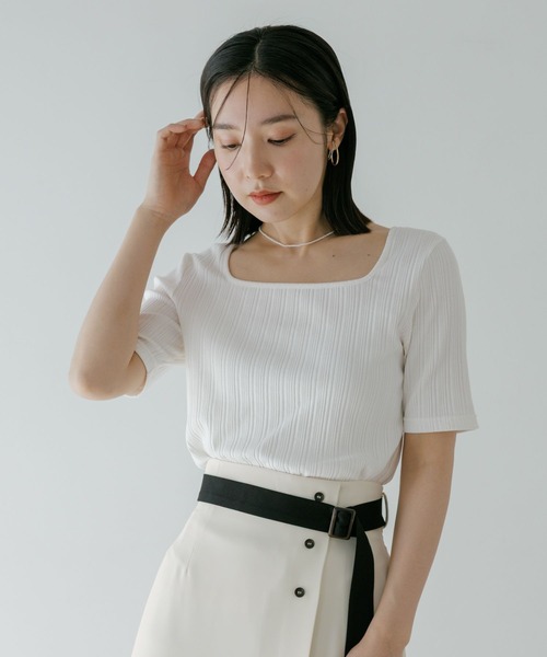 Andemiu(アンデミュウ)の「リブTシャツ659231(Tシャツ/カットソー・レディース・チャコールグレー/オフホワイト/ブラック・FREE)」の16枚目の写真