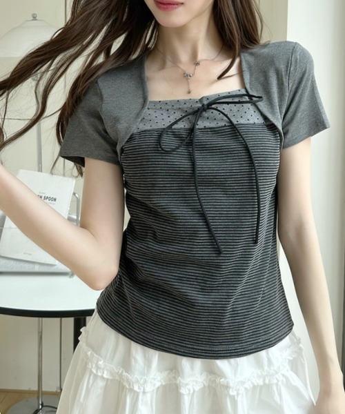 Ada.(エイダ)の「ボレロ風 ドッキング フロント リボン ボーダー ドット カットソー(Tシャツ/カットソー・レディース・グレー/ブラック・FREE)」の2枚目の写真