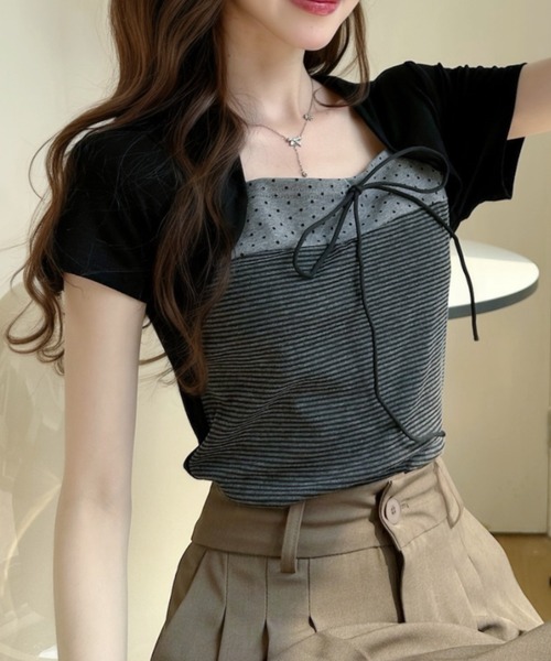 Ada.(エイダ)の「ボレロ風 ドッキング フロント リボン ボーダー ドット カットソー(Tシャツ/カットソー・レディース・グレー/ブラック・FREE)」の3枚目の写真