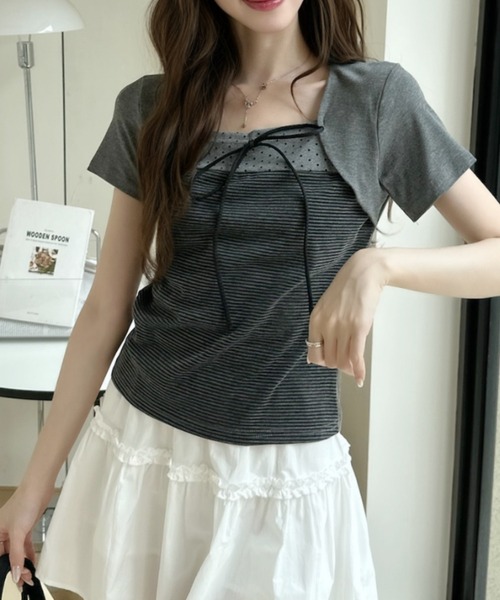 Ada.(エイダ)の「ボレロ風 ドッキング フロント リボン ボーダー ドット カットソー(Tシャツ/カットソー・レディース・グレー/ブラック・FREE)」の9枚目の写真