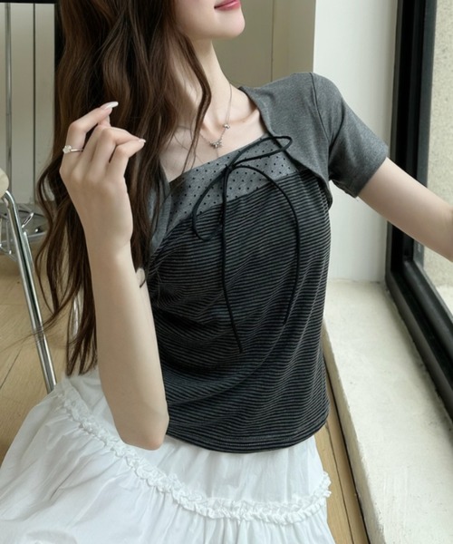 Ada.(エイダ)の「ボレロ風 ドッキング フロント リボン ボーダー ドット カットソー(Tシャツ/カットソー・レディース・グレー/ブラック・FREE)」の8枚目の写真