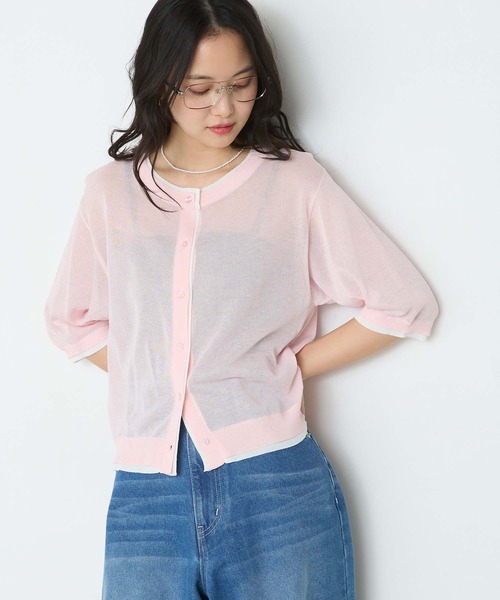 forksy.（フォルクシー）の「【forksy.】バイカラー レイヤード 半袖 シアーカーディガン / 接触冷感（カーディガン/ボレロ・レディース・イエロー/アイボリー/ブラック/チャコールグレー/ピンク・FREE）」の5枚目の写真
