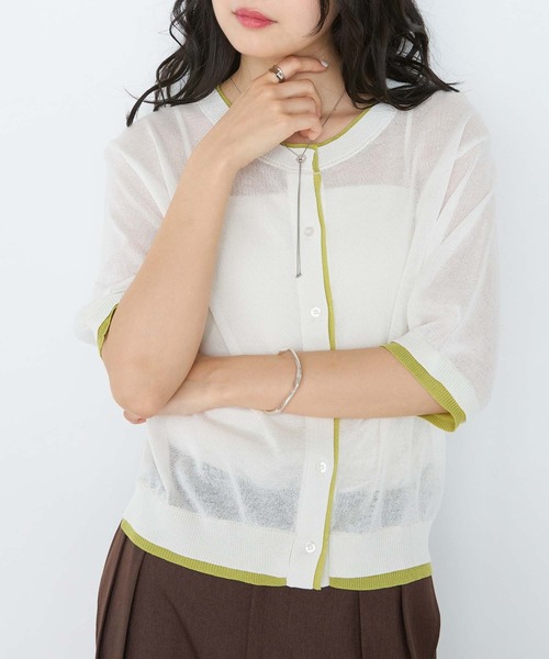 forksy.（フォルクシー）の「【forksy.】バイカラー レイヤード 半袖 シアーカーディガン / 接触冷感（カーディガン/ボレロ・レディース・イエロー/アイボリー/ブラック/チャコールグレー/ピンク・FREE）」の2枚目の写真