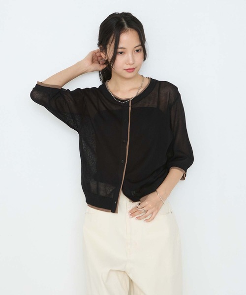forksy.（フォルクシー）の「【forksy.】バイカラー レイヤード 半袖 シアーカーディガン / 接触冷感（カーディガン/ボレロ・レディース・イエロー/アイボリー/ブラック/チャコールグレー/ピンク・FREE）」の9枚目の写真