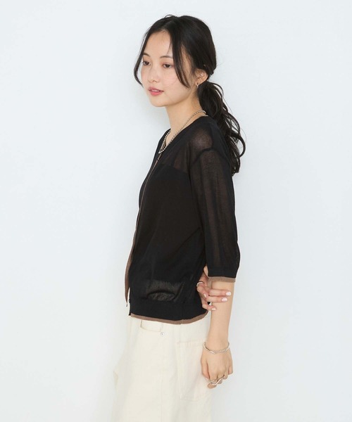 forksy.（フォルクシー）の「【forksy.】バイカラー レイヤード 半袖 シアーカーディガン / 接触冷感（カーディガン/ボレロ・レディース・イエロー/アイボリー/ブラック/チャコールグレー/ピンク・FREE）」の10枚目の写真