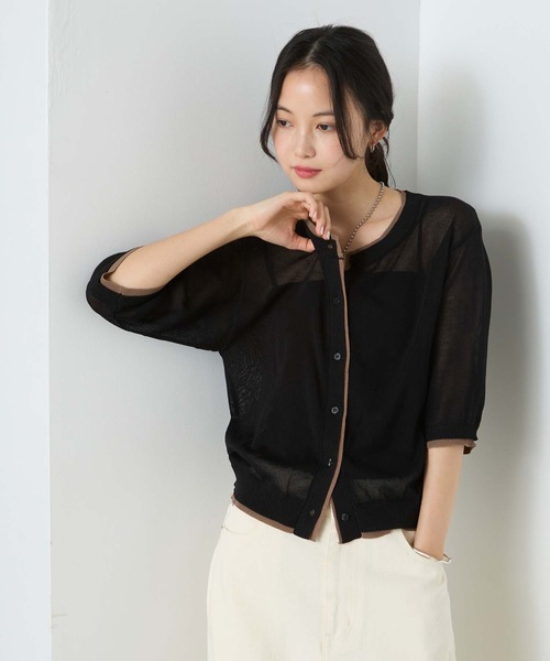 forksy.（フォルクシー）の「【forksy.】バイカラー レイヤード 半袖 シアーカーディガン / 接触冷感（カーディガン/ボレロ・レディース・イエロー/アイボリー/ブラック/チャコールグレー/ピンク・FREE）」の15枚目の写真