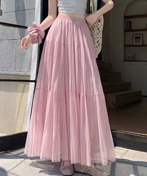 AMAJI（アマジ）の「メッシュ プリーツ切替 ティアード ハイウエスト Aライン ロングスカート（スカート・レディース・ブラック/ライトピンク/ホワイト/ライトグリーン/ベージュ/ライトパープル・SMALL/MEDIUM/LARGE/X-LARGE）」の6枚目の写真