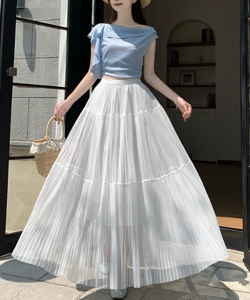AMAJI（アマジ）の「メッシュ プリーツ切替 ティアード ハイウエスト Aライン ロングスカート（スカート・レディース・ブラック/ライトピンク/ホワイト/ライトグリーン/ベージュ/ライトパープル・SMALL/MEDIUM/LARGE/X-LARGE）」の2枚目の写真