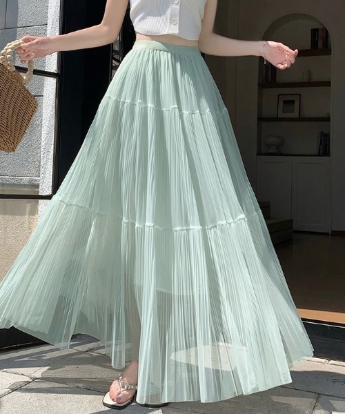 AMAJI（アマジ）の「メッシュ プリーツ切替 ティアード ハイウエスト Aライン ロングスカート（スカート・レディース・ブラック/ライトピンク/ホワイト/ライトグリーン/ベージュ/ライトパープル・SMALL/MEDIUM/LARGE/X-LARGE）」の4枚目の写真