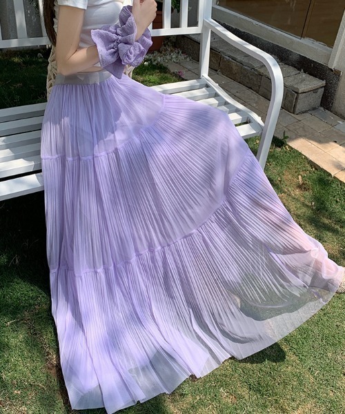 AMAJI（アマジ）の「メッシュ プリーツ切替 ティアード ハイウエスト Aライン ロングスカート（スカート・レディース・ブラック/ライトピンク/ホワイト/ライトグリーン/ベージュ/ライトパープル・SMALL/MEDIUM/LARGE/X-LARGE）」の7枚目の写真