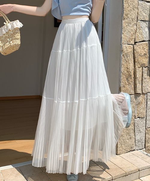 AMAJI（アマジ）の「メッシュ プリーツ切替 ティアード ハイウエスト Aライン ロングスカート（スカート・レディース・ブラック/ライトピンク/ホワイト/ライトグリーン/ベージュ/ライトパープル・SMALL/MEDIUM/LARGE/X-LARGE）」の11枚目の写真