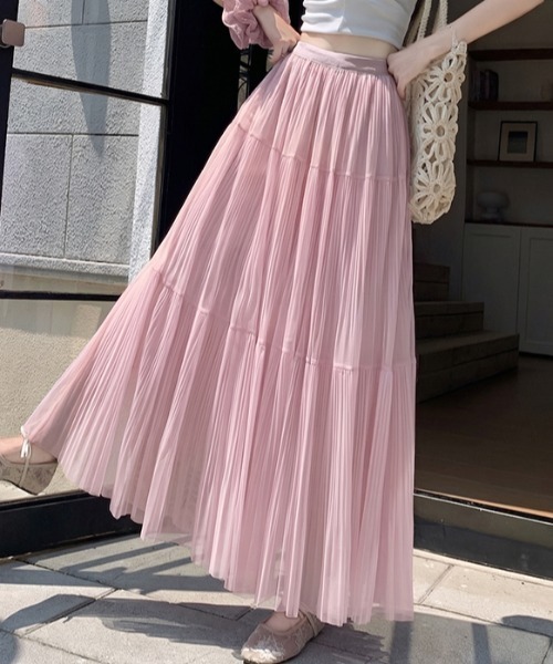 AMAJI（アマジ）の「メッシュ プリーツ切替 ティアード ハイウエスト Aライン ロングスカート（スカート・レディース・ブラック/ライトピンク/ホワイト/ライトグリーン/ベージュ/ライトパープル・SMALL/MEDIUM/LARGE/X-LARGE）」の13枚目の写真