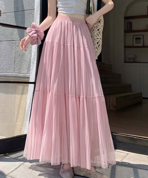 AMAJI（アマジ）の「メッシュ プリーツ切替 ティアード ハイウエスト Aライン ロングスカート（スカート・レディース・ブラック/ライトピンク/ホワイト/ライトグリーン/ベージュ/ライトパープル・SMALL/MEDIUM/LARGE/X-LARGE）」の14枚目の写真