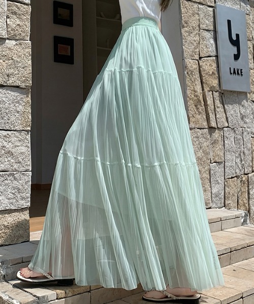 AMAJI（アマジ）の「メッシュ プリーツ切替 ティアード ハイウエスト Aライン ロングスカート（スカート・レディース・ブラック/ライトピンク/ホワイト/ライトグリーン/ベージュ/ライトパープル・SMALL/MEDIUM/LARGE/X-LARGE）」の18枚目の写真