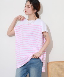 CVC天竺パネルボーダープリントルーズTシャツ ノースリーブ