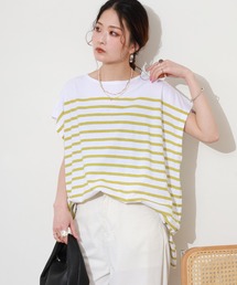 CVC天竺パネルボーダープリントルーズTシャツ ノースリーブ