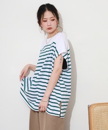 CVC天竺パネルボーダープリントルーズTシャツ ノースリーブ