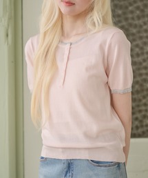 配色 ヘンリーネック 半袖 ニット トップス