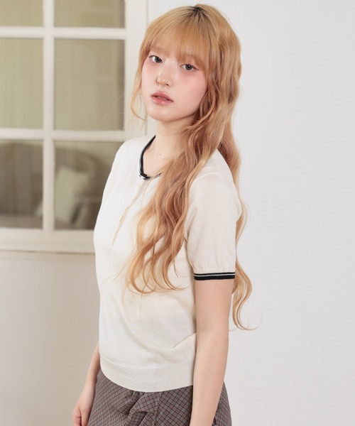 LiLIN（リリン）の「配色 ヘンリーネック 半袖 ニット トップス（Tシャツ/カットソー・レディース・イエロー/アイボリー/ライトブルー/ライトピンク・FREE）」の12枚目の写真