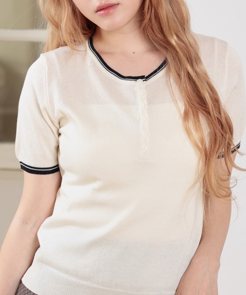 LiLIN（リリン）の「配色 ヘンリーネック 半袖 ニット トップス（Tシャツ/カットソー・レディース・イエロー/アイボリー/ライトブルー/ライトピンク・FREE）」の13枚目の写真