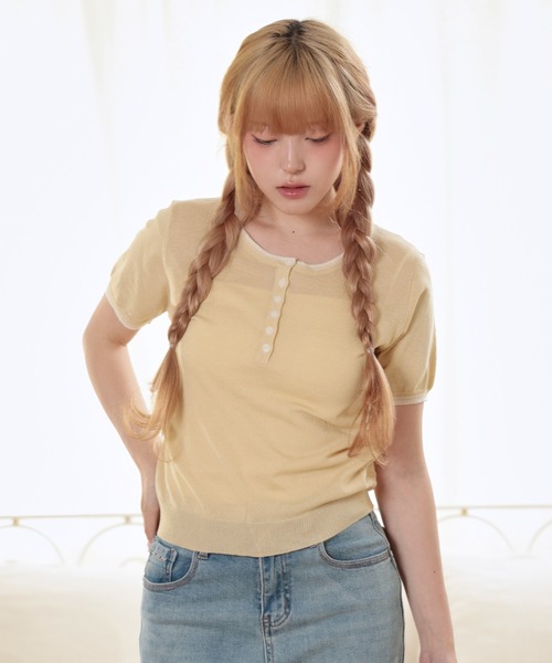 LiLIN（リリン）の「配色 ヘンリーネック 半袖 ニット トップス（Tシャツ/カットソー・レディース・イエロー/アイボリー/ライトブルー/ライトピンク・FREE）」の7枚目の写真