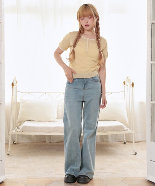 LiLIN（リリン）の「配色 ヘンリーネック 半袖 ニット トップス（Tシャツ/カットソー・レディース・イエロー/アイボリー/ライトブルー/ライトピンク・FREE）」の10枚目の写真