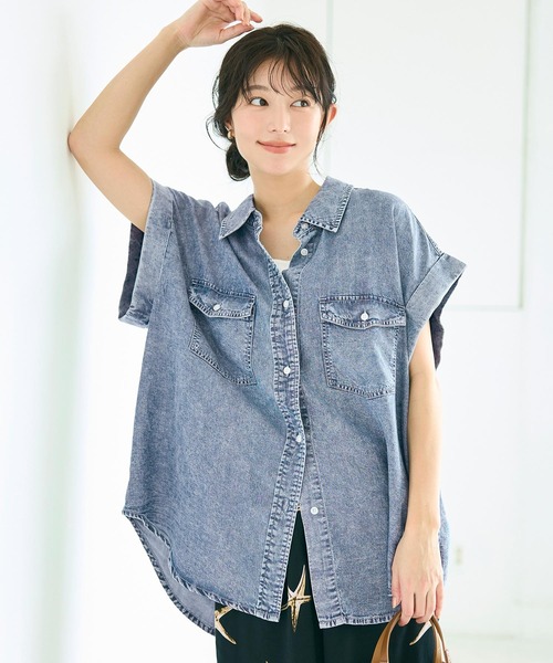 coca（coca）（コカ）の「とろみデニムロールアップスリーブシャツ（シャツ/ブラウス・レディース・ブルー/ブラック・L/M）」の2枚目の写真