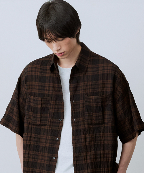 LEIRE（ルアール）の「ツーポケットリンクルチェック半袖シャツ[ブラウン]（シャツ/ブラウス・メンズ・その他・MEDIUM/LARGE/X-LARGE）」の15枚目の写真