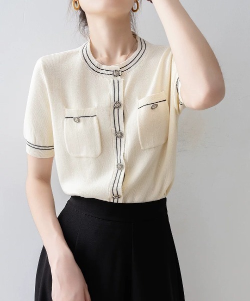LUCPY(ラクピー)の「配色ラインニットカーディガン(カーディガン/ボレロ・レディース・ホワイト・LARGE/MEDIUM/SMALL)」の1枚目の写真