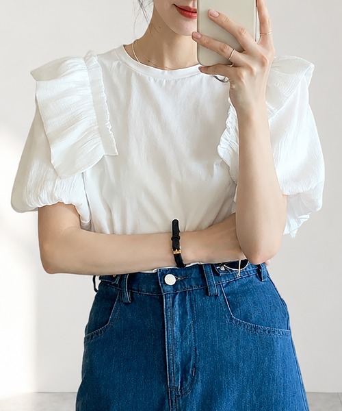 aimoha(アイモハ)の「パフスリーブTシャツ(Tシャツ/カットソー・レディース・ホワイト/ブラック・FREE)」の2枚目の写真