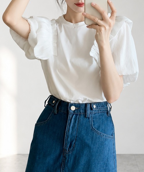 aimoha(アイモハ)の「パフスリーブTシャツ(Tシャツ/カットソー・レディース・ホワイト/ブラック・FREE)」の5枚目の写真