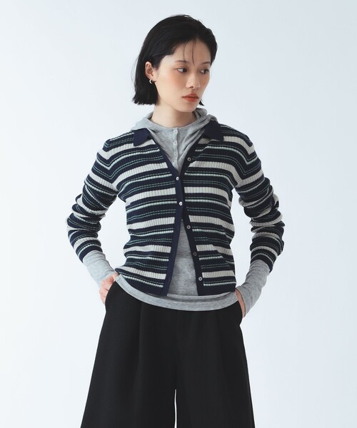 Ray BEAMS(レイビームス)の「マルチボーダー ポロ カーディガン(カーディガン/ボレロ・レディース・ネイビー/ワイン・ONE SIZE)」の2枚目の写真