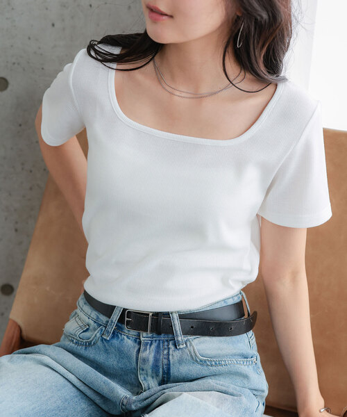 KOBE LETTUCE(コウベレタス)の「スクエアネックリブカットソー(Tシャツ/カットソー・レディース・ブラック/グリーン系/グレー/グレイッシュベージュ/ブラウン/オフホワイト・L/M)」の1枚目の写真