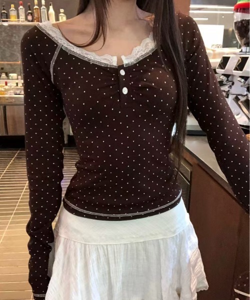 Achic(アシック)の「2026AW レーストリムドット柄長袖トップス(Tシャツ/カットソー・レディース・ブラウン・M)」の6枚目の写真