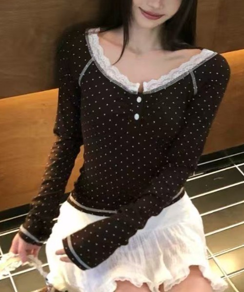 Achic(アシック)の「2026AW レーストリムドット柄長袖トップス(Tシャツ/カットソー・レディース・ブラウン・M)」の8枚目の写真