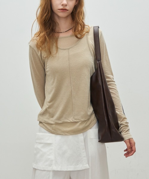 Aunue(オーヌ)の「【前後2way】2wayタンクレイヤードライクプルオーバー(Tシャツ/カットソー・レディース・ブラウン/オフホワイト/ベージュ・FREE)」の4枚目の写真