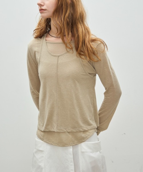 Aunue(オーヌ)の「【前後2way】2wayタンクレイヤードライクプルオーバー(Tシャツ/カットソー・レディース・ブラウン/オフホワイト/ベージュ・FREE)」の6枚目の写真